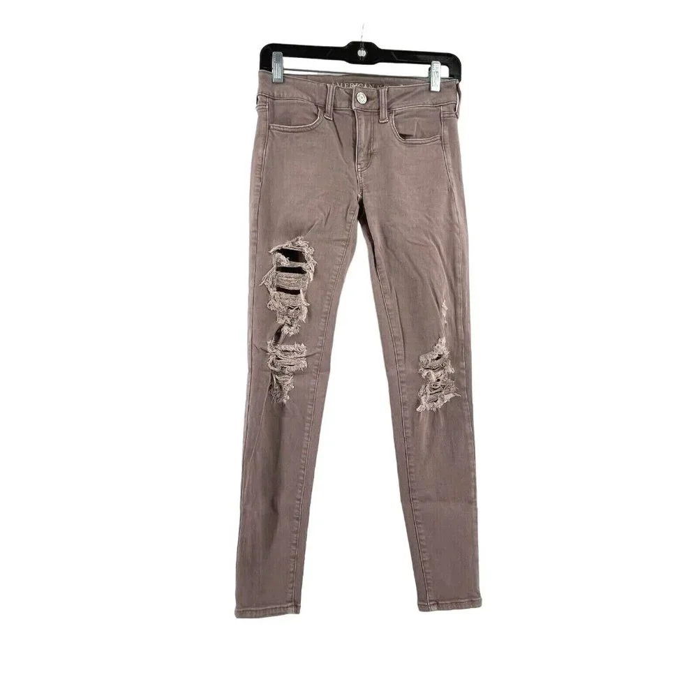 American Eagle Super Stretch X Mid-Rise Distressed Brown Jegging Women's Size 2 - Picture 1 of 9